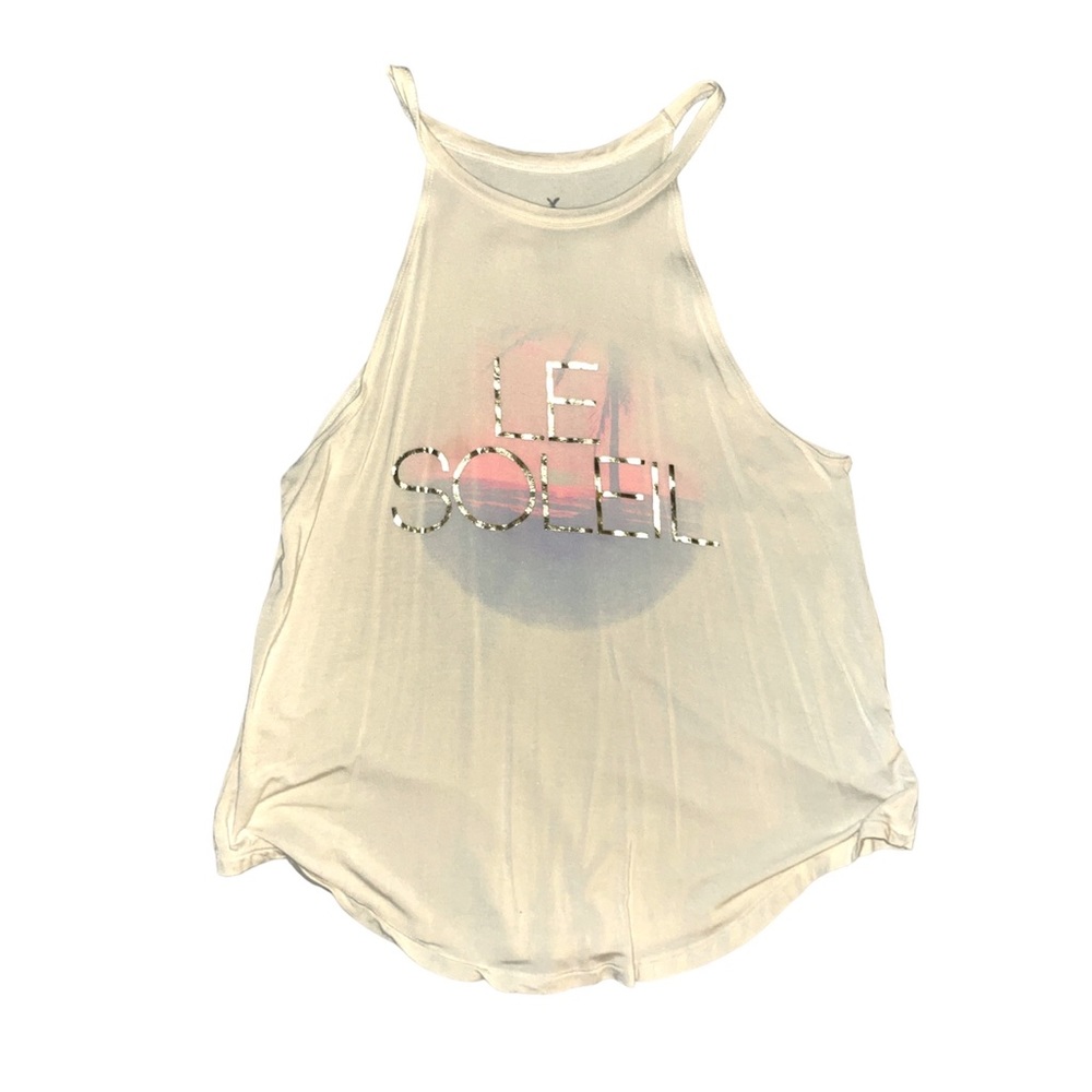 NWOT soft material women’s graphic tank top with ‘Le Soleil’ on front. Size: M